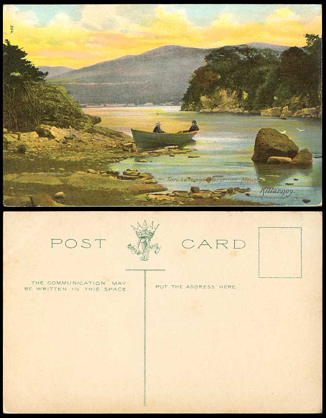 Ireland Co Kerry Killarney Torc Lake Mangerron Mountain Boat Sunset Old Postcard