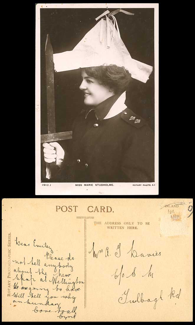 Edwardian Actress Miss MARIE STUDHOLME, Wooden Sword Hat Old Real Photo Postcard