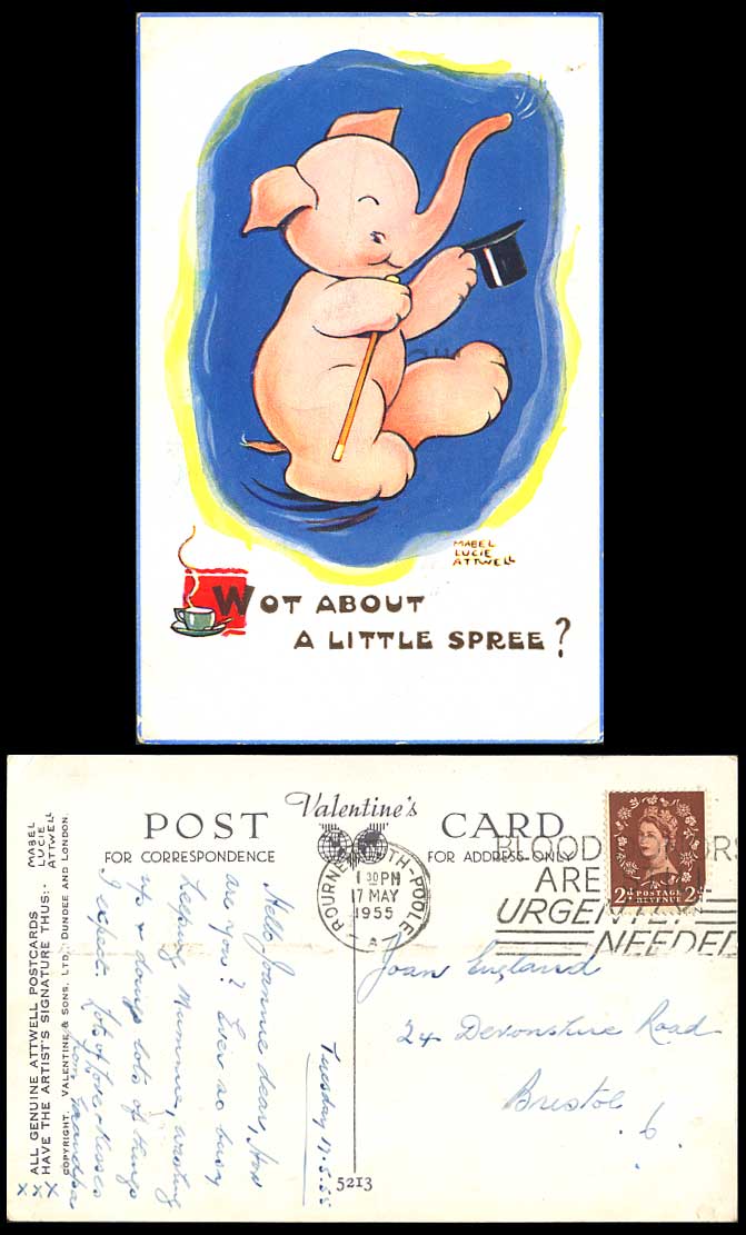 MABEL LUCIE ATTWELL 1955Old Postcard Circus Elephant Wot About Little Spree 5213