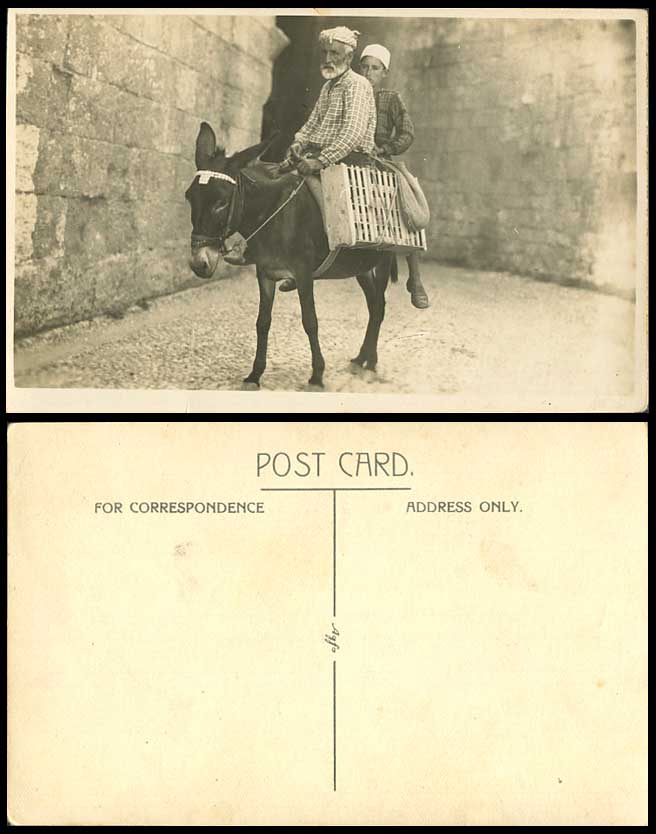 Donkey Rider Old Man and Little Boy Riding Donkey Old Real Photo Postcard Ethnic