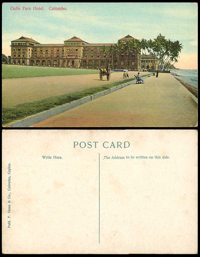 Ceylon Old Postcard GALLE FACE HOTEL Colombo, Rickshaw Coolie Bicycle Palm Trees