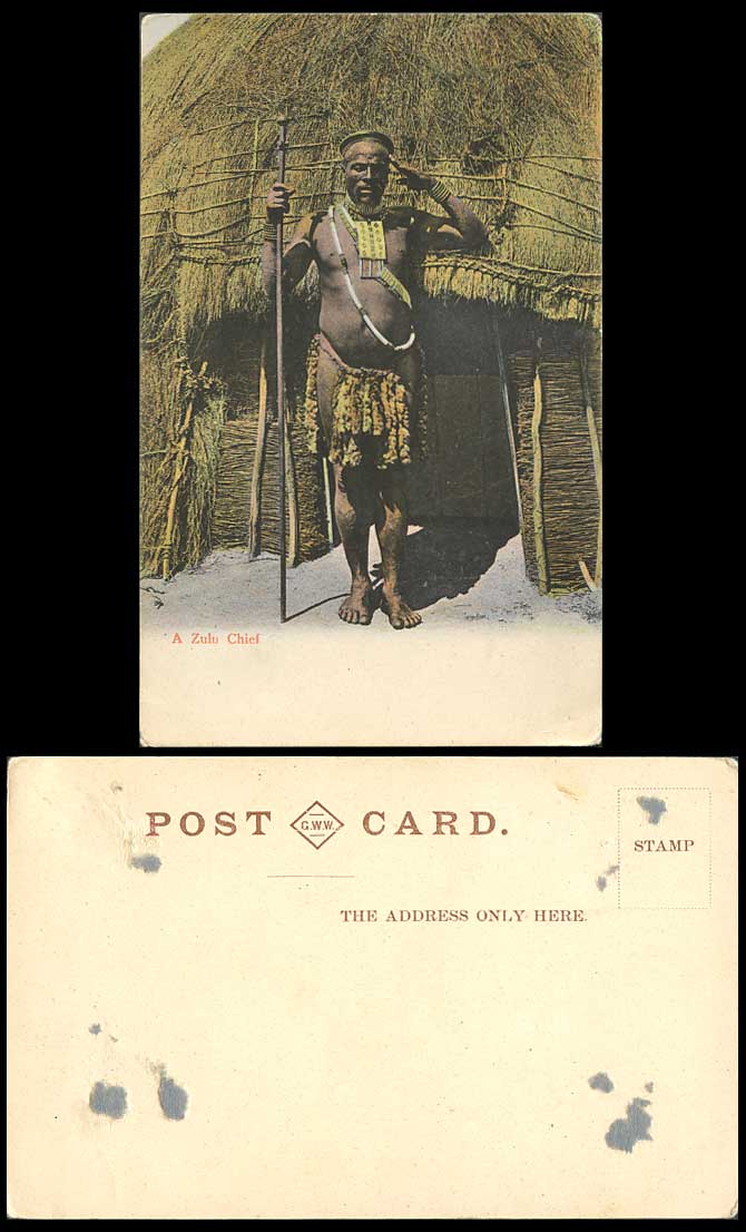 South Africa A ZULU CHIEF Old Postcard Native House Hut Black Man Salute, Ethnic