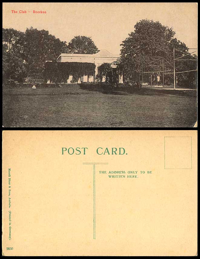 India Old Postcard ROORKEE THE CLUB, Haridwar Uttarakhand Mooli Dhur & Sons 5830