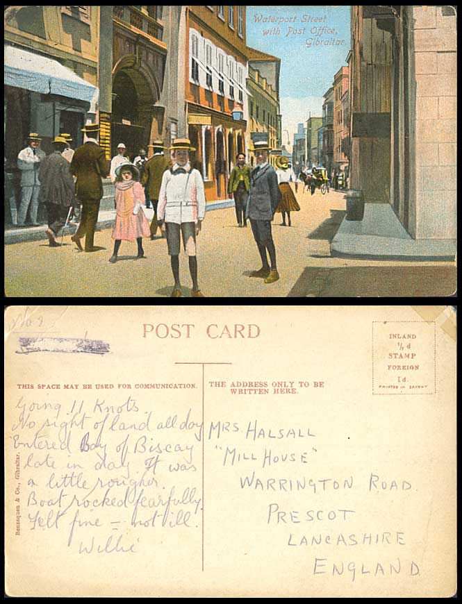 Gibraltar Old Colour Postcard Waterport Street with Post Office Street Scene Boy