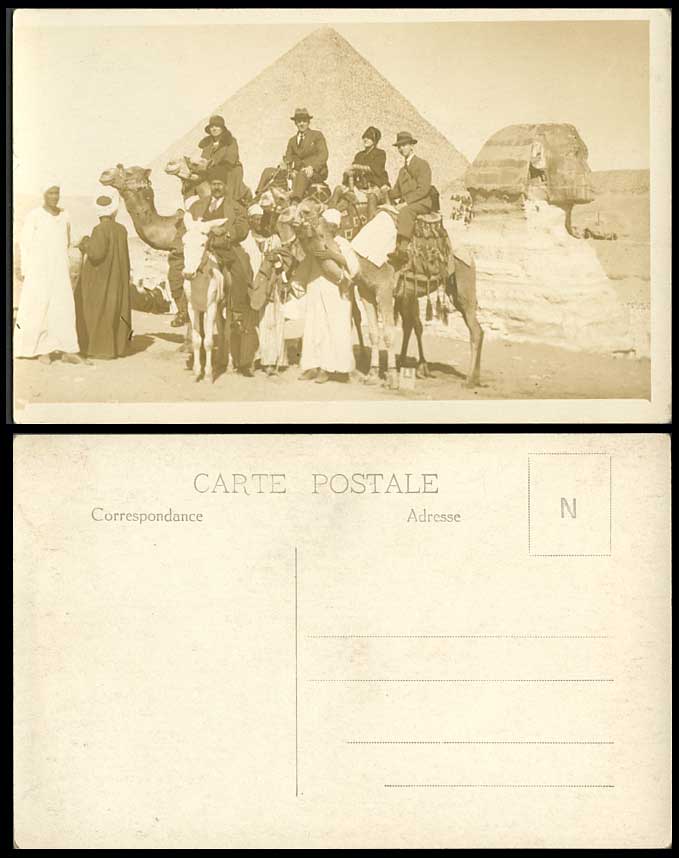 Egypt Old Real Photo Postcard Cairo Sphinx Pyramid Westen Men Ladies Ride Camels
