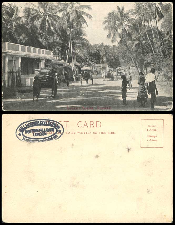 India Old UB Postcard Native Street Scene Madras Palm Trees Carts Woman Girl Boy
