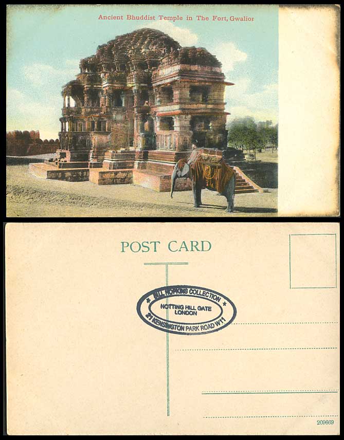 India Old Postcard An Elephant Rider Ancient Bhuddist Temple in The Fort Gwalior