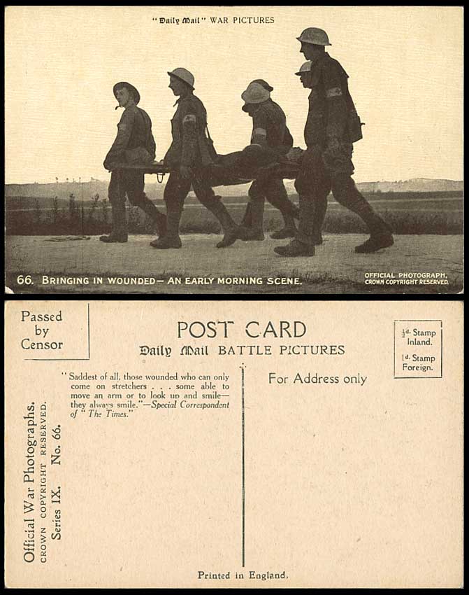 WW1 Old Postcard Red Cross Bringing in Wounded Stretchers An Early Morning Scene