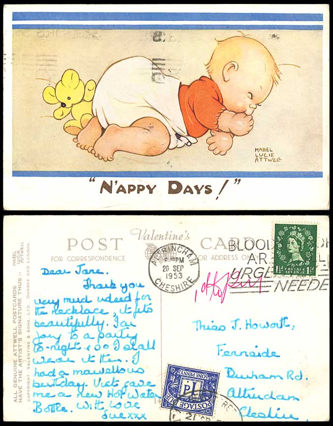 MABEL LUCIE ATTWELL 1953 Old Postcard Teddy Bear, Sucking Thumb N'appy Days 1499