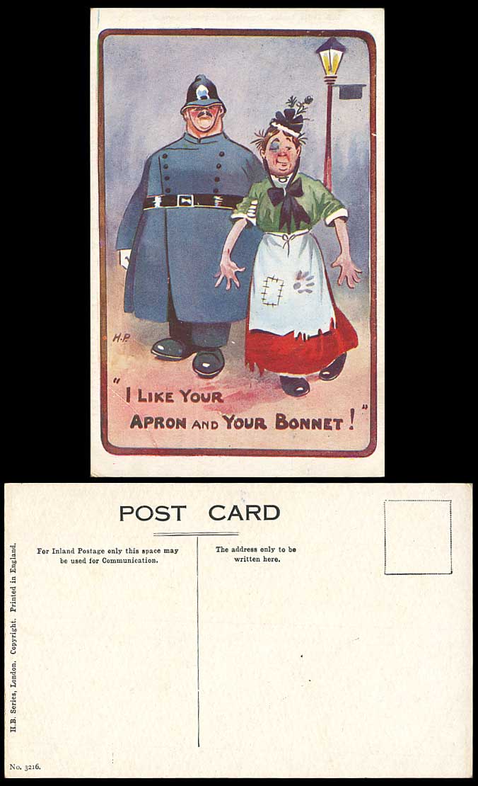 H.P. Artist Signed Old Postcard Police Officer I Like Your Apron and Your Bonnet