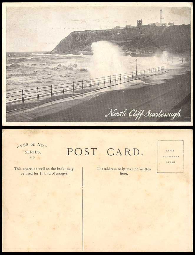 Scarborough, North Cliff, Rough Sea Waves Seaside Cliffs, Yorkshire Old Postcard