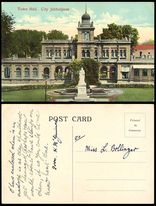India Old Postcard City Jubbulpore Town Hall Queen Victoria Statue Fountain Gdn.