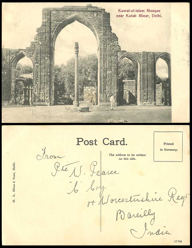 India Old Postcard Kuwat-ul-Islam Mosque Iron Pillar Gate near Kutab Minar Delhi