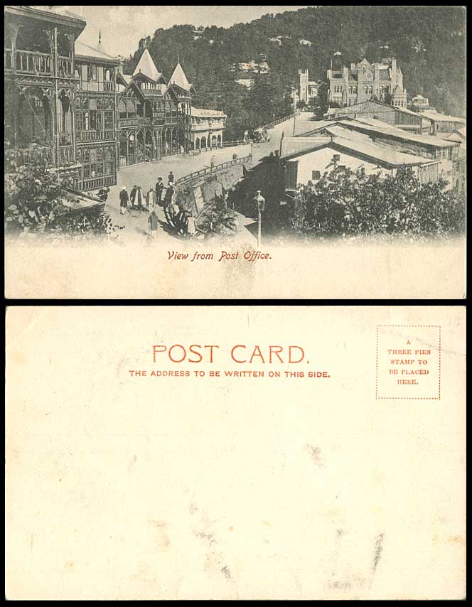 India Old Postcard View from Post Office Street Scene Panorama Men Church, Simla