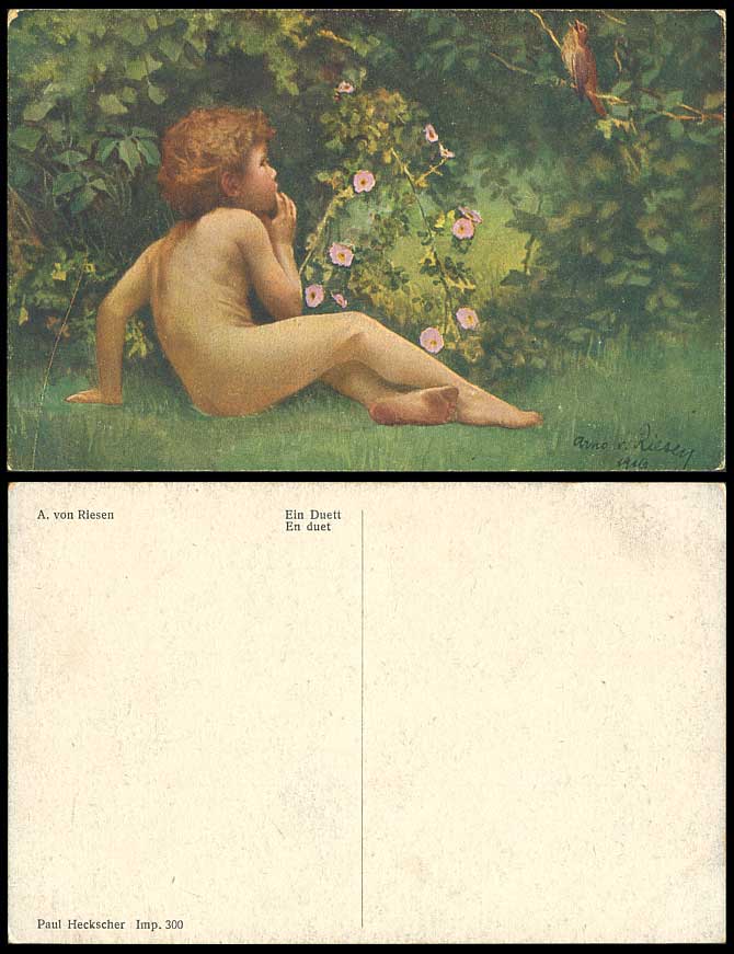 Arno A. Von Riesen Artist Signed 1916 En Duet Child & Bird, Flowers Old Postcard