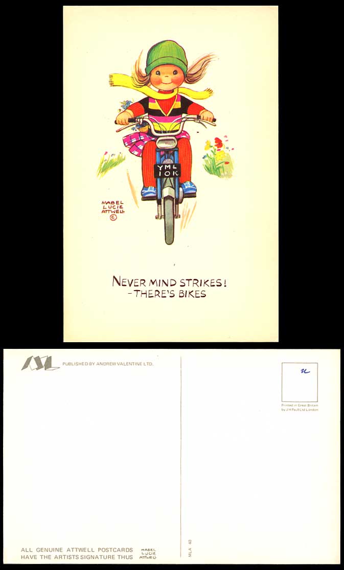MABEL LUCIE ATTWELL Old Postcard Motorcycle Motorbike, Never Mind Strikes MLA 40