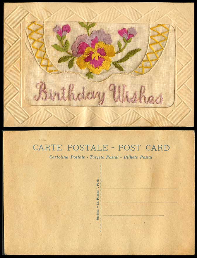 WW1 SILK Embroidered Old Postcard Birthday Wishes, Pansy Flowers & Empty Wallet