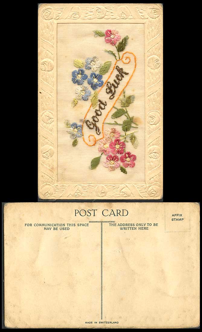WW1 SILK Embroidered Old Postcard GOOD LUCK Flowers Novelty Greetings Swiss Made