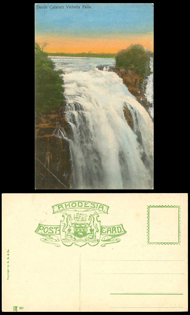Rhodesia Old Colour Postcard Devil's Cataract, Victoria Falls, Waterfalls Sunset