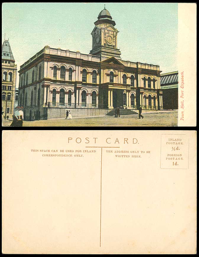 South Africa PORT ELIZABETH, TOWN HALL, Clock Tower & Street Old Colour Postcard