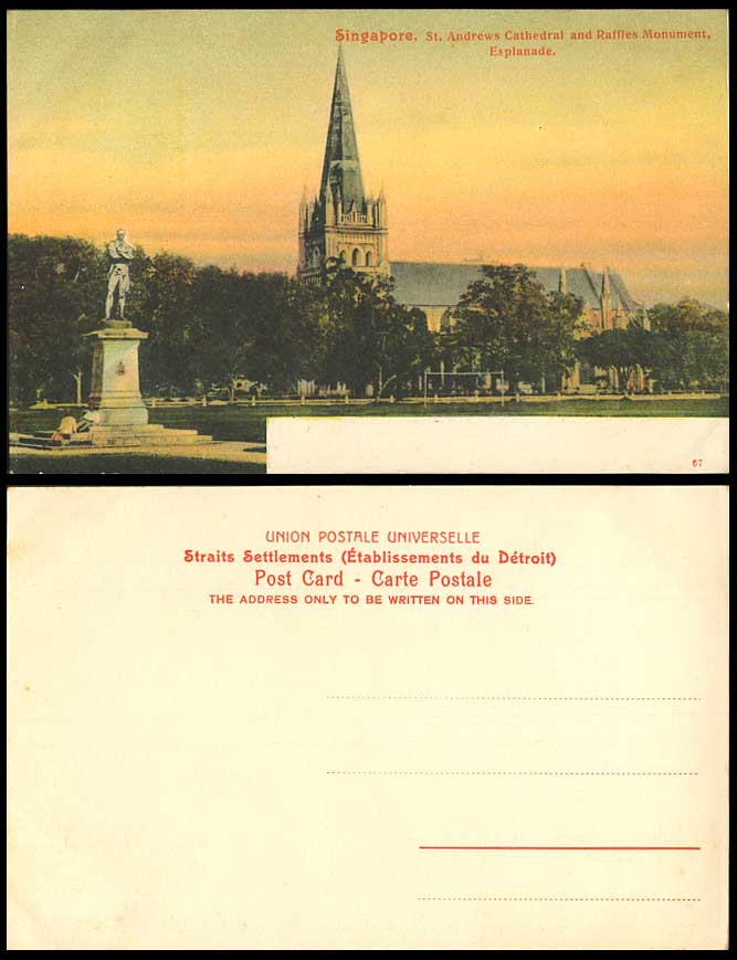 Singapore Old Postcard Saint St. Andrews Cathedral, Raffle's Monument, Esplanade