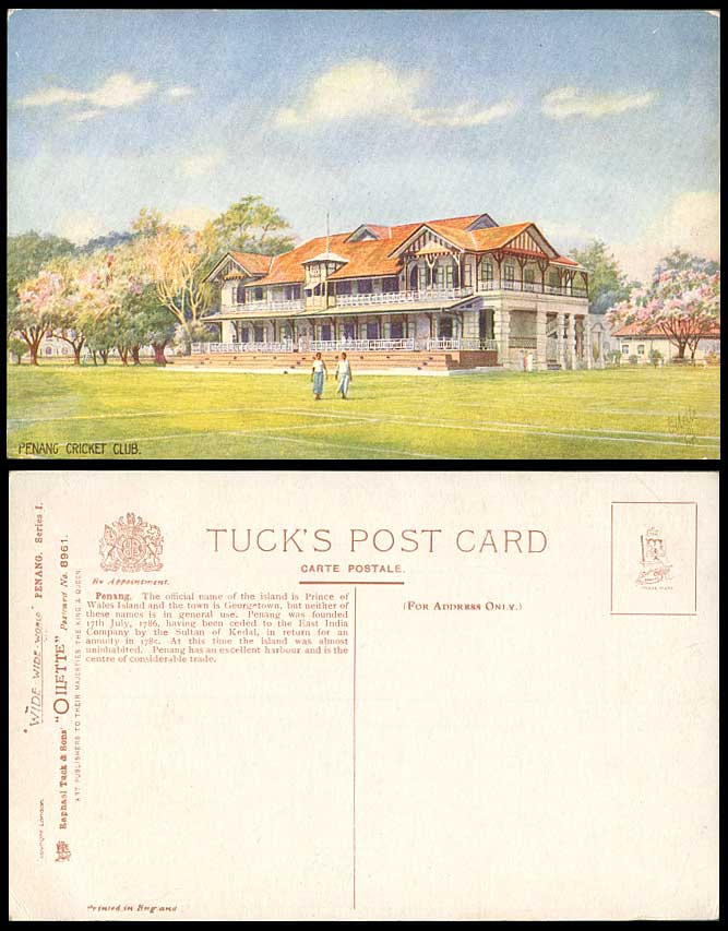 PENANG CRICKET CLUB c.1920 Old Tuck's Oilette Postcard Sport Sports Artist Drawn