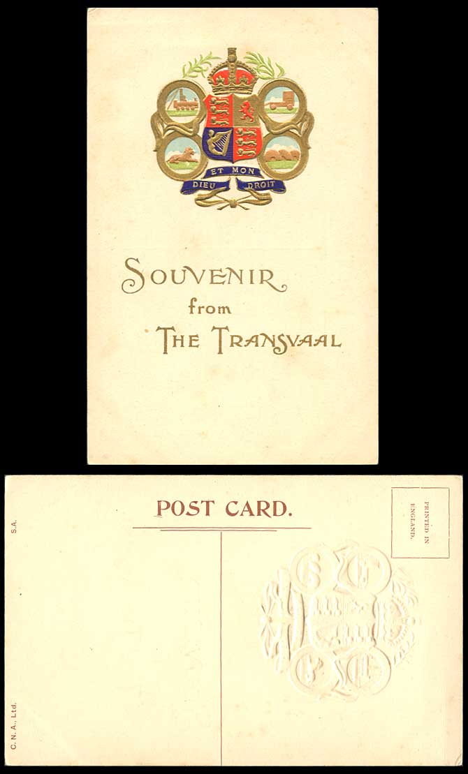 South Africa, Souvenir from Transvaal, Embossed Coat of Arms Old Colour Postcard