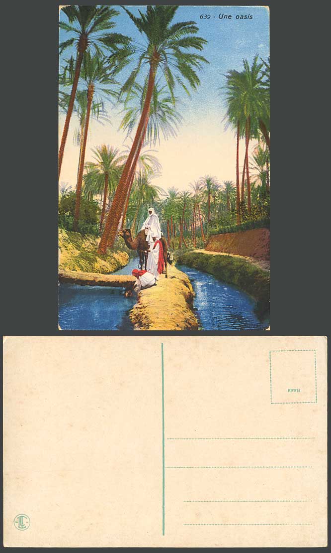 Morocco Old Postcard Une Oasis, Arab Camel Rider River Scene Bridge & Palm Trees