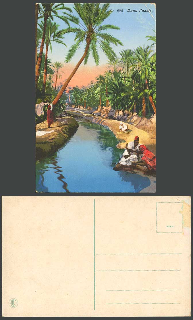 Morocco Old Postcard Dans l'Oasis Native Washerwomen Washermen River Scene Palms