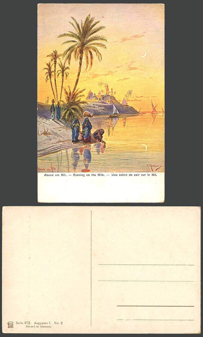 Egypt F Perlberg Old Postcard Evening on Nile River Women Drawing Water New Moon