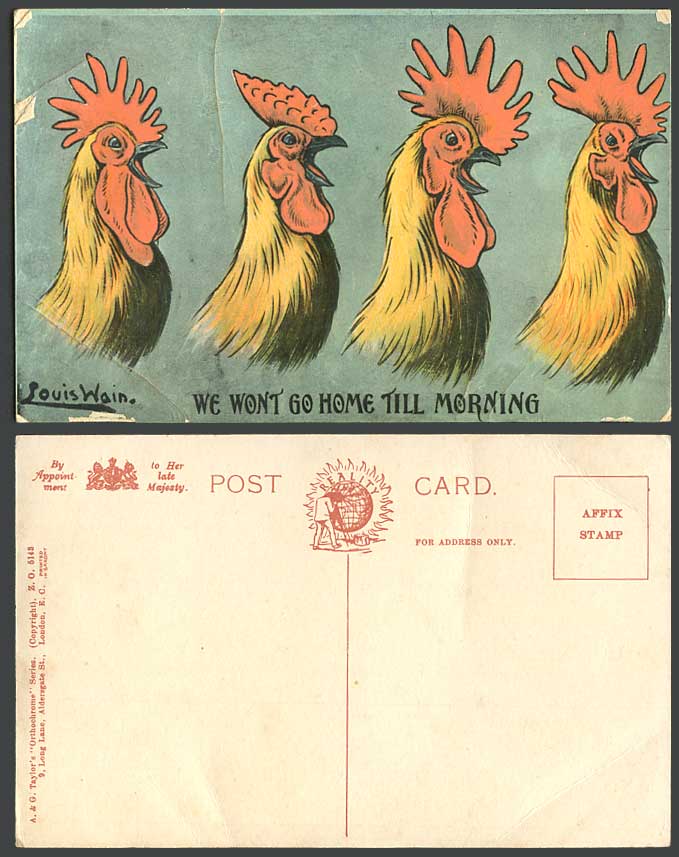 Louis Wain Artist Signed Birds Rooster We Wont Go Home Till Morning Old Postcard