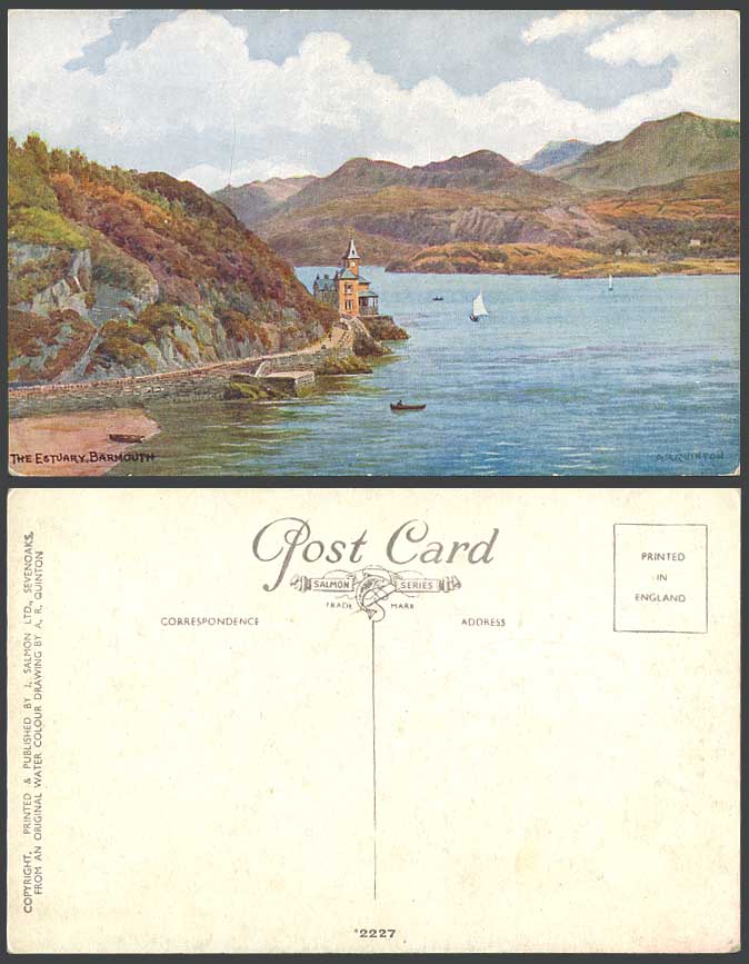A.R. QUINTON Old Postcard The Estuary BARMOUTH, Panorama Boats Hills A.R.Q. 2227
