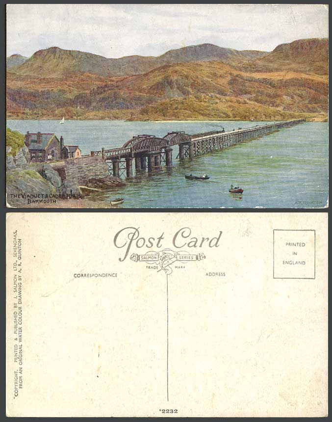 A.R. QUINTON Old Postcard Cader Idris The Viaduct Bridge Boats Barmouth ARQ 2232