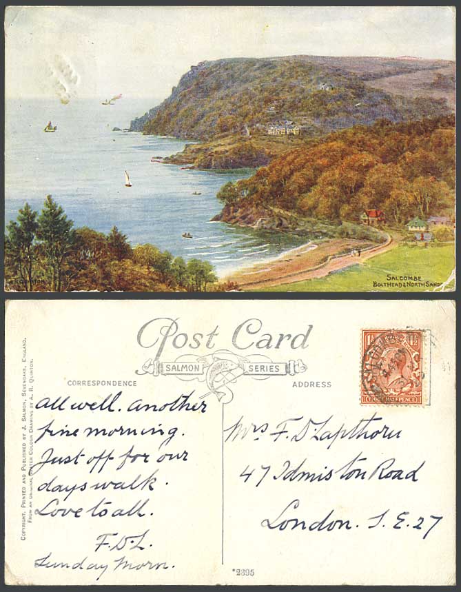 AR Quinton 1929 Old Postcard Salcombe Bolthead Bolt Head, North Sands Beach 2395