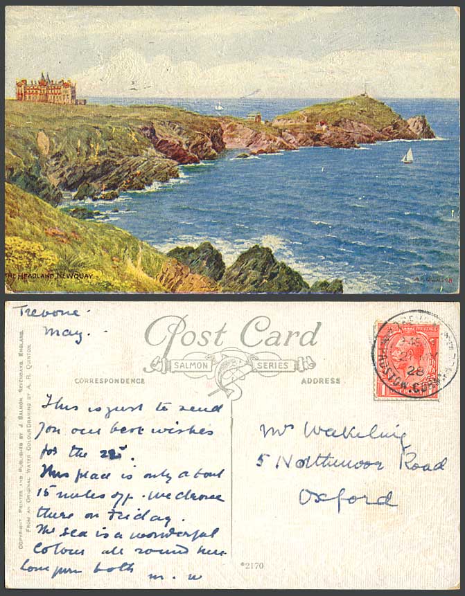 A.R. Quinton 1928 Old Postcard NEWQUAY The Headland Cornwall Coast Panorama 2170