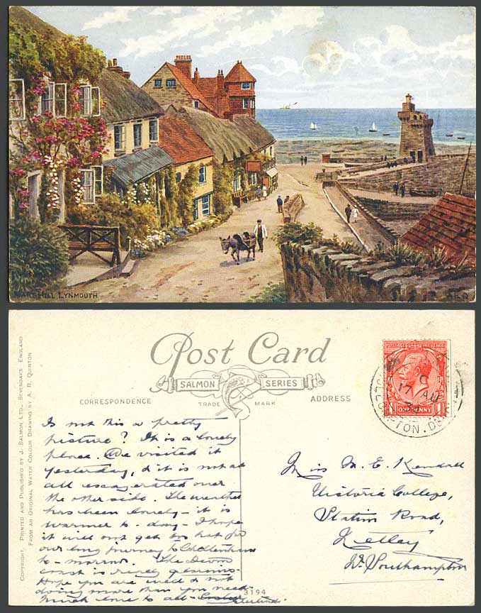 AR Quinton 1934 Old Postcard Mars Hill Lynmouth Lighthouse Thatched Cottage 3194