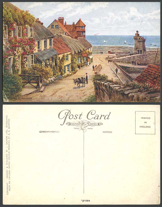 A R Quinton Old Postcard Mars Hill Lynmouth Lighthouse Thatched Cottage ARQ 3194
