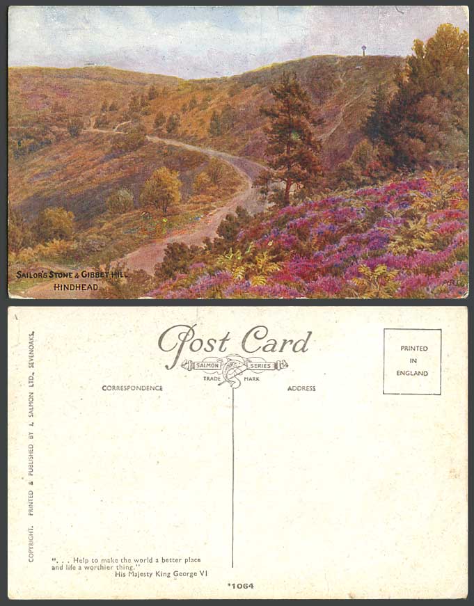 A.R.Q. Quinton Old Postcard Sailor's Stone Gibbet Hill HINDHEAD Flowers No. 1064