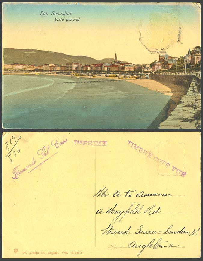 Spain Old Hand Tinted Postcard San Sebastian, General View Vista Generale, Beach