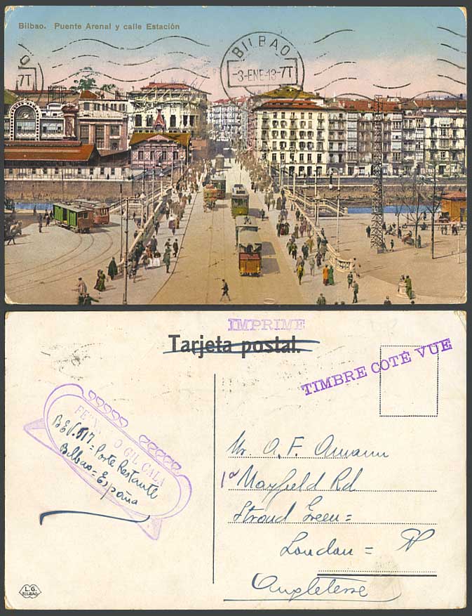 Spain BILBAO 1913 Old Postcard Puente Arenal y Calle Estacion Street Bridge TRAM