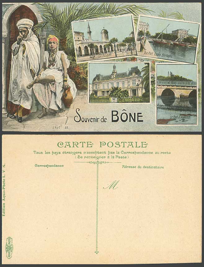 Algeria Old Postcard Bone, Mosque, Harbour Cours Bertagna, Hotel de Ville Bridge