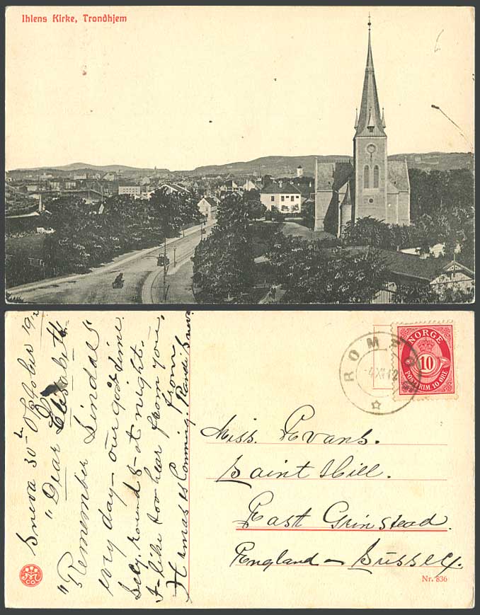 Norway 1912 Old Postcard Trondhjem Ihlens Kirke, Church Clock Tower Street Scene