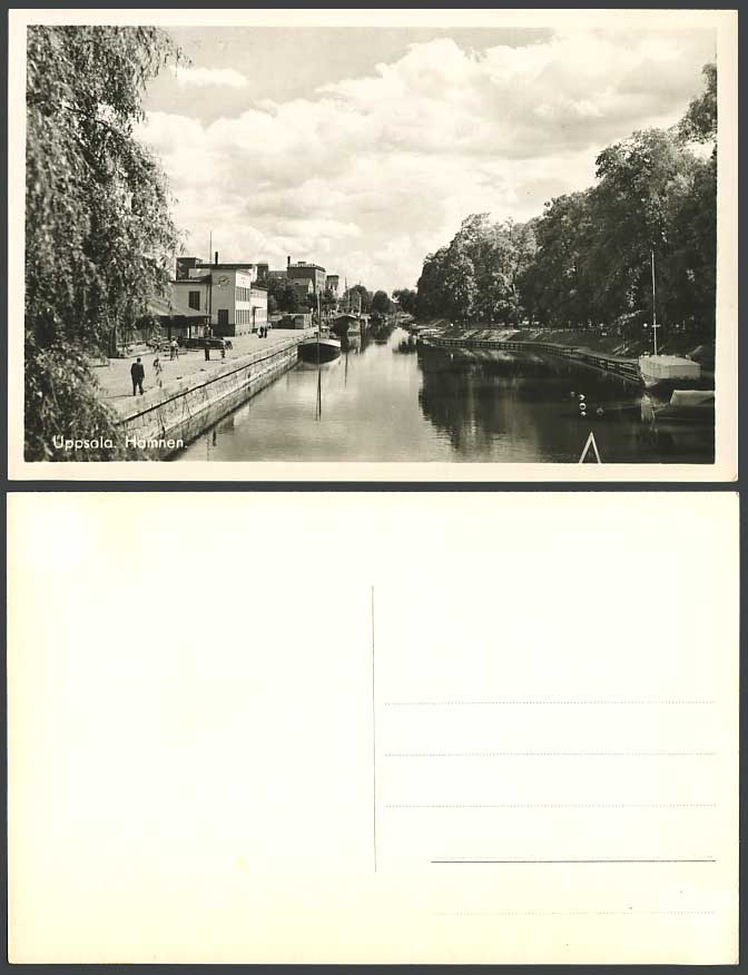Sweden Old Real Photo Postcard Uppsala Street Scene River, Boats, Clock, Swedish