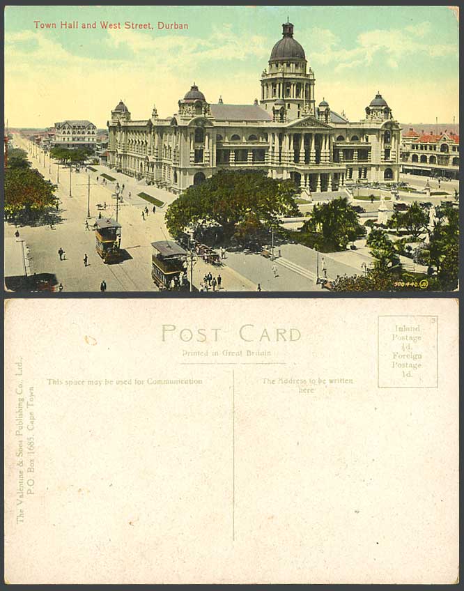 South Africa Durban Old Colour Postcard Town Hall West Street Scene TRAM Tramway