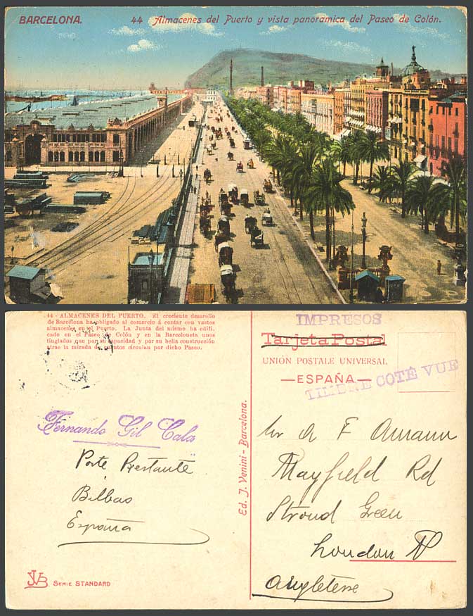 Spain Old Postcard Barcelona Almacenes del Puerto Paseo de Colon Street Harbour