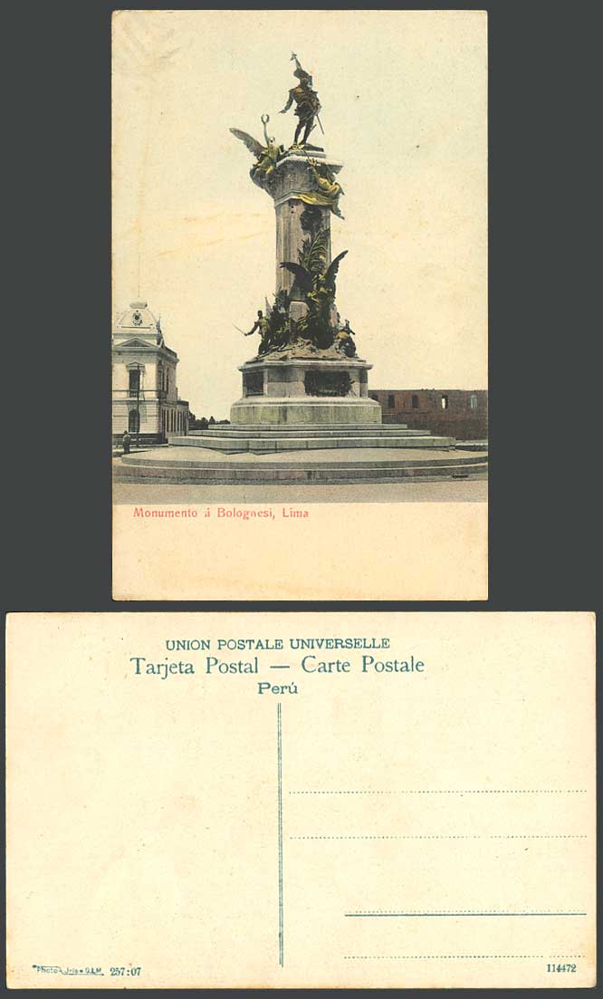 PERU LIMA Old Colour Postcard Monument Monumento a Bolognesi, Memorial, Statue