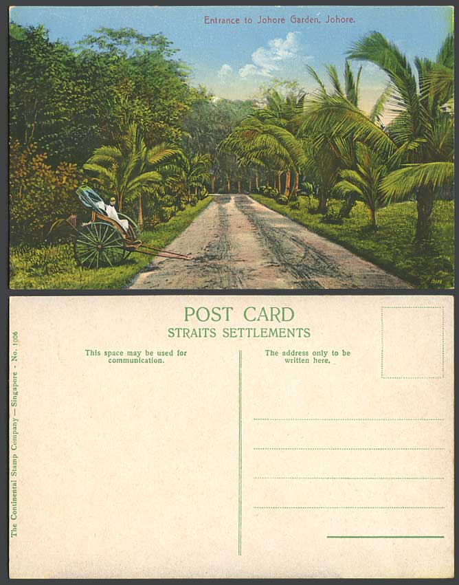 Johore Old Postcard Entrance to Garden, Woman Sitting on a Rickshaw, Palm Trees
