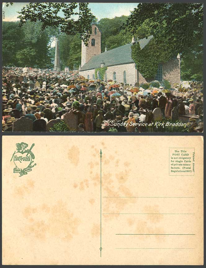 Isle of Man Old Colour Postcard Sunday Service at KIRK BRADDAN Braddan Church