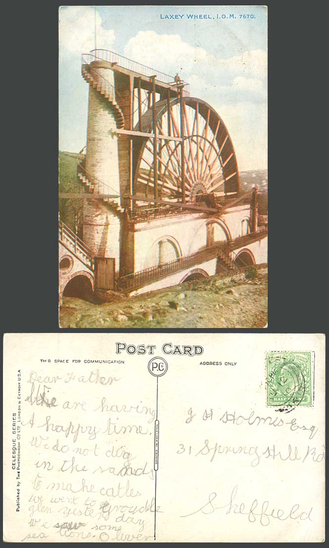 Isle of Man 1910 Old Colour Postcard GREAT LAXEY WHEEL Lady Isabella, Photochrom