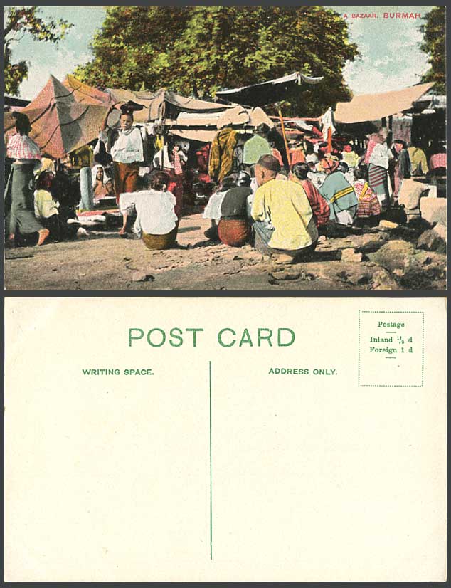 Burma Old Postcard Bazaar Bazar Market Street Scene Seller Vendor Myanmar Burmah